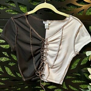 ✅Rue21 Black and Cream Lace-Up Women's Crop Top, Size S